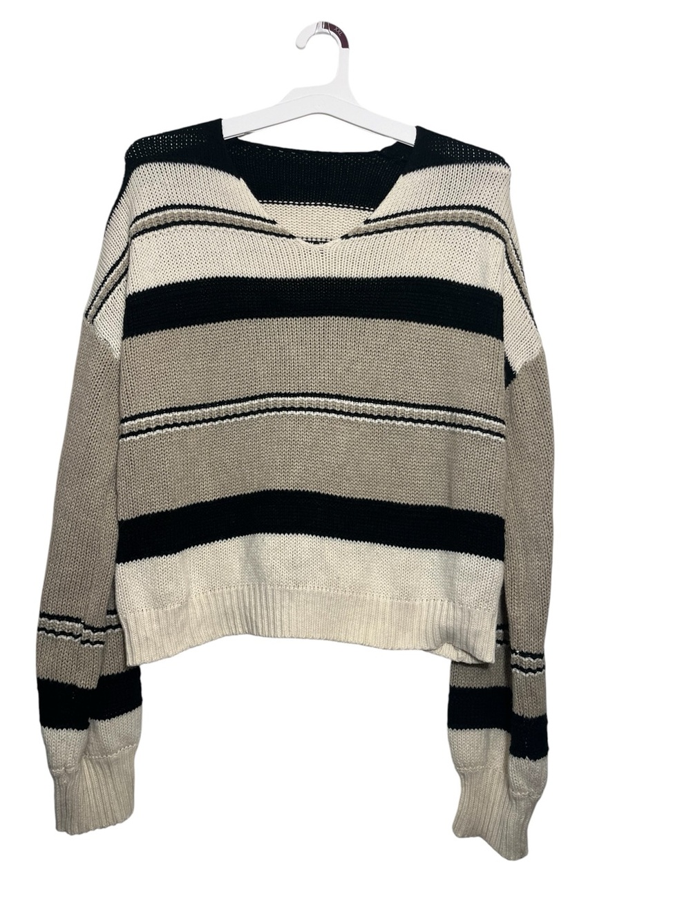 Striped V-Neck Pullover Sweater - Black, Cream & Tan